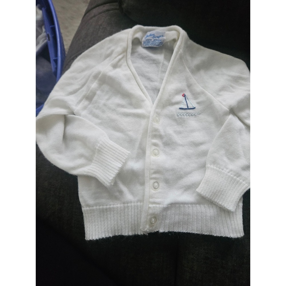 Julius Berger Kids White Knit Sailboat Cardigan Sweater Nautical V-Neck